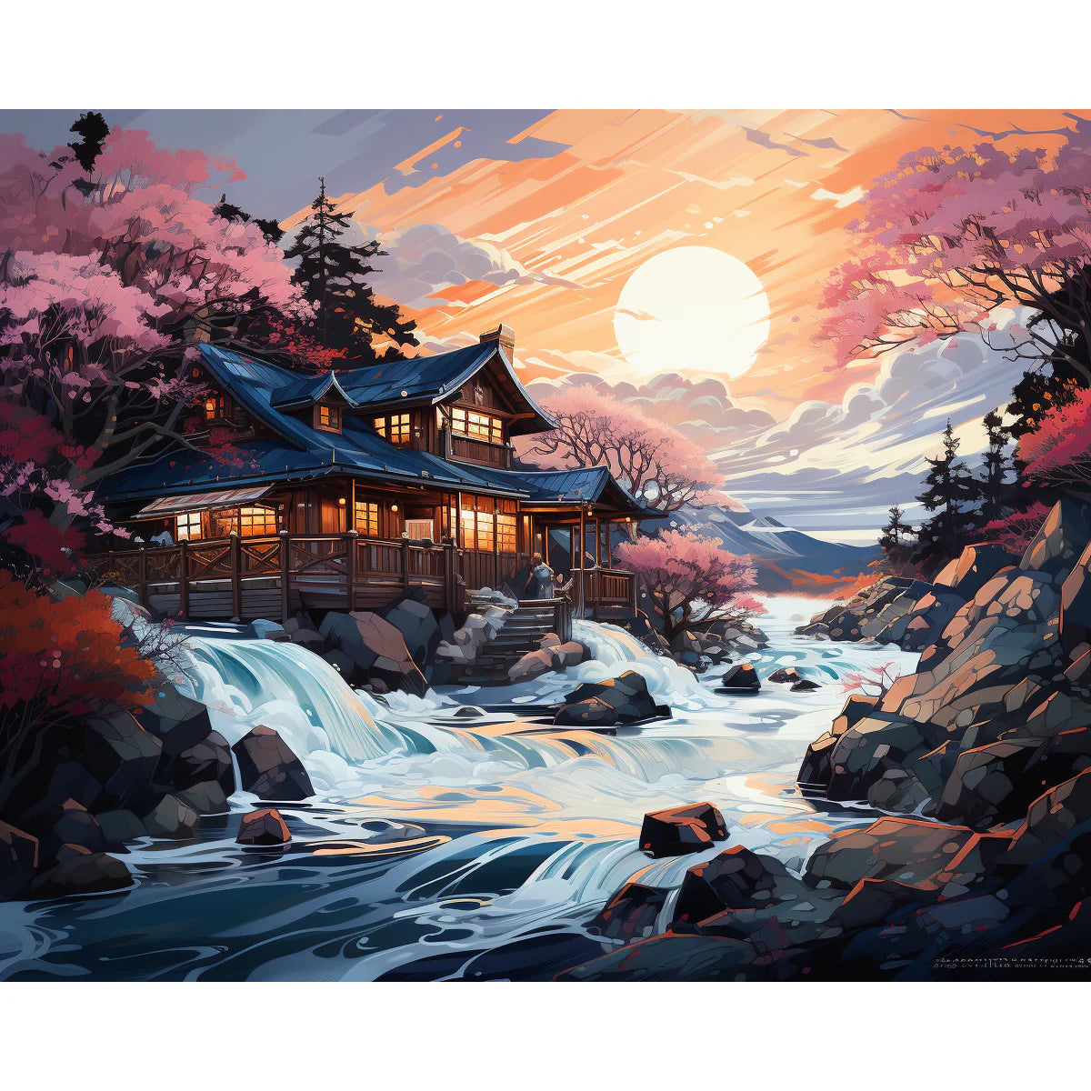 צביעה לפי מספרים - ציור בית יפני ליד מפל