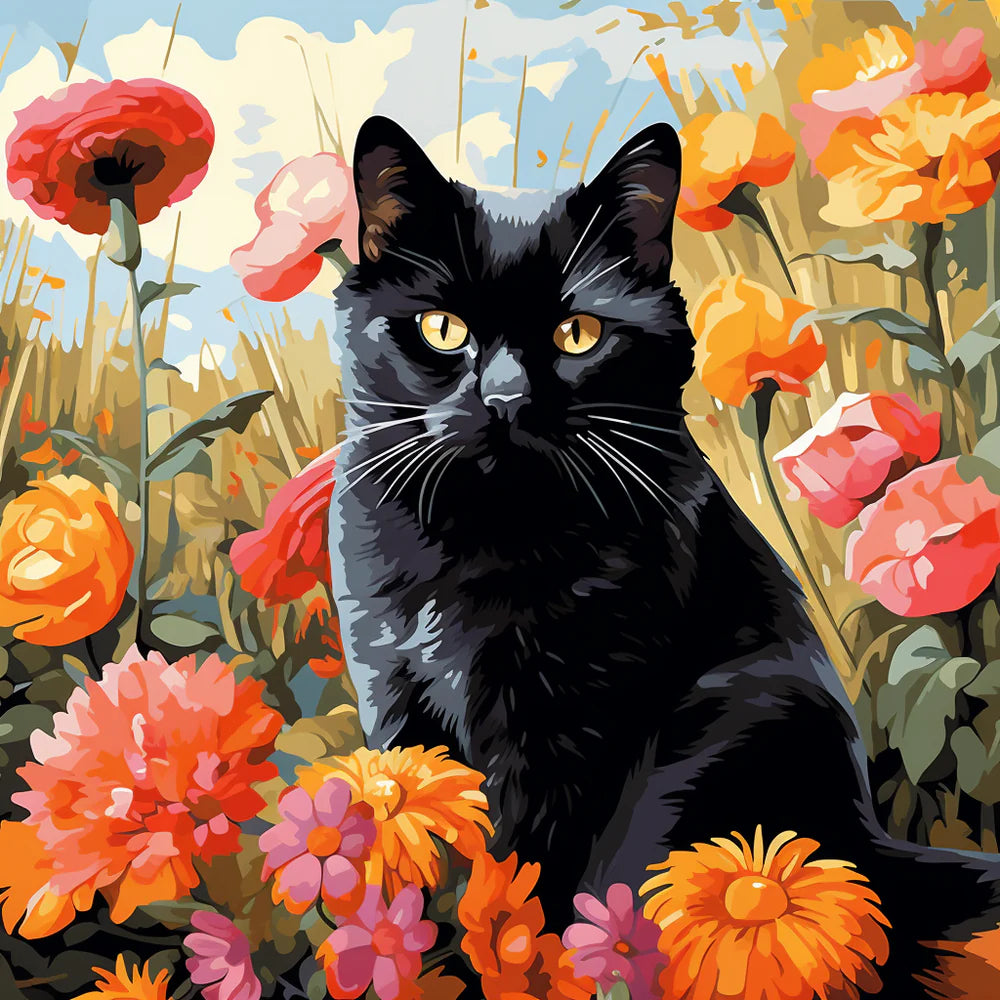 צביעה לפי מספרים - ציור חתול שחור בפרחים