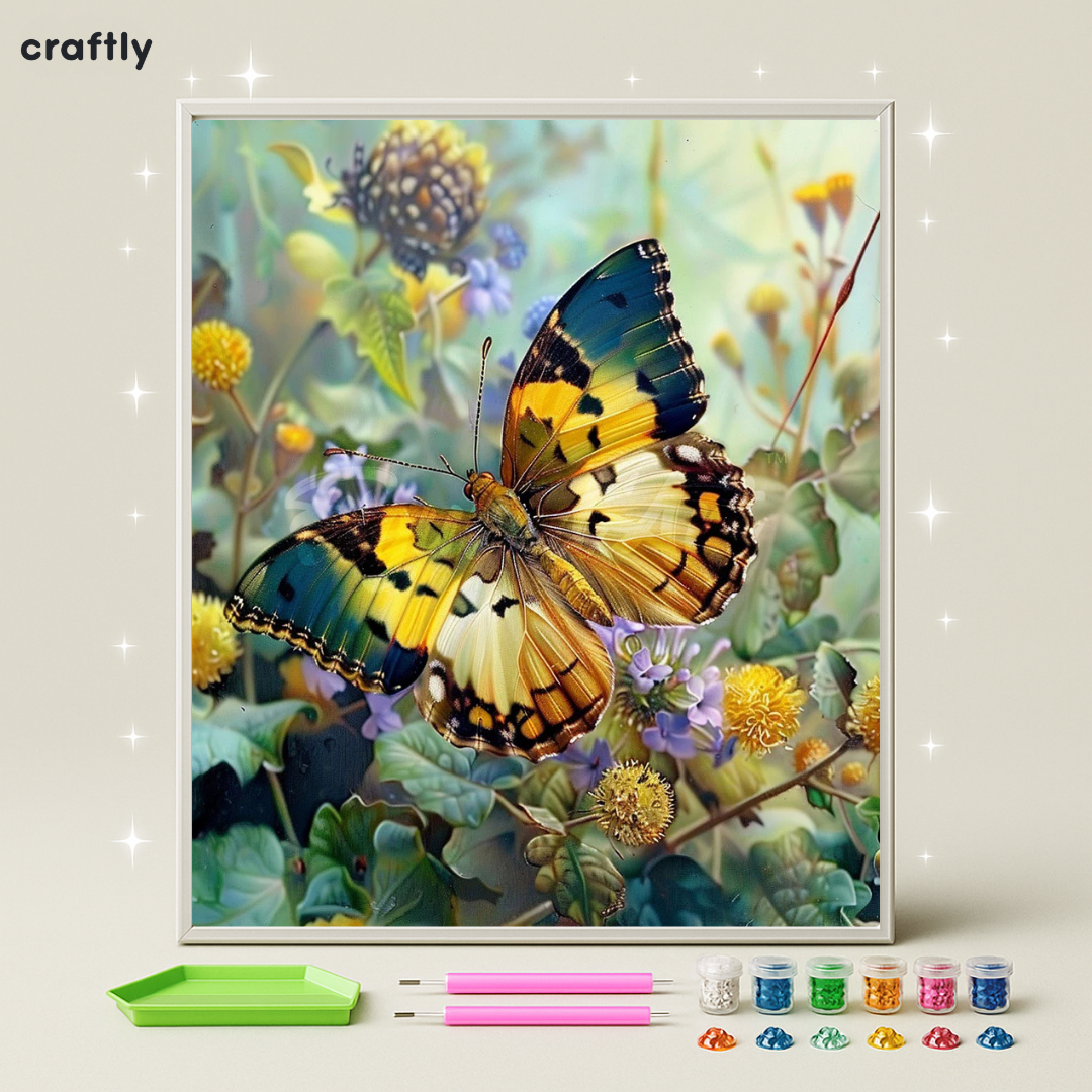 ציור יהלומים - פרפר צהוב-כחול בין פרחים