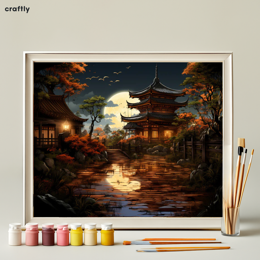 צביעה לפי מספרים - ציור מקדש יפני באור ירח