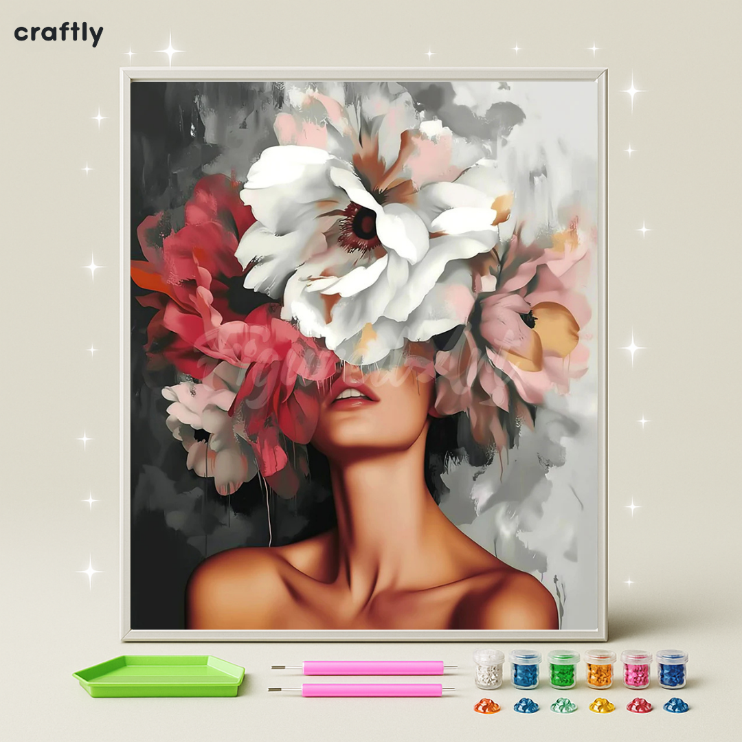ציור יהלומים -אישה עם פרחים לבנים-ורודים