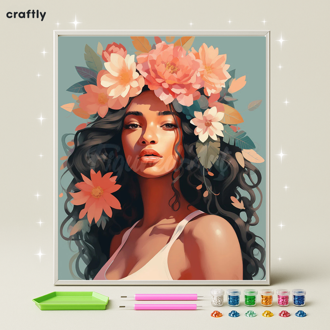 ציור יהלומים - אישה עם שיער מתולתל ופרחי אפרסק