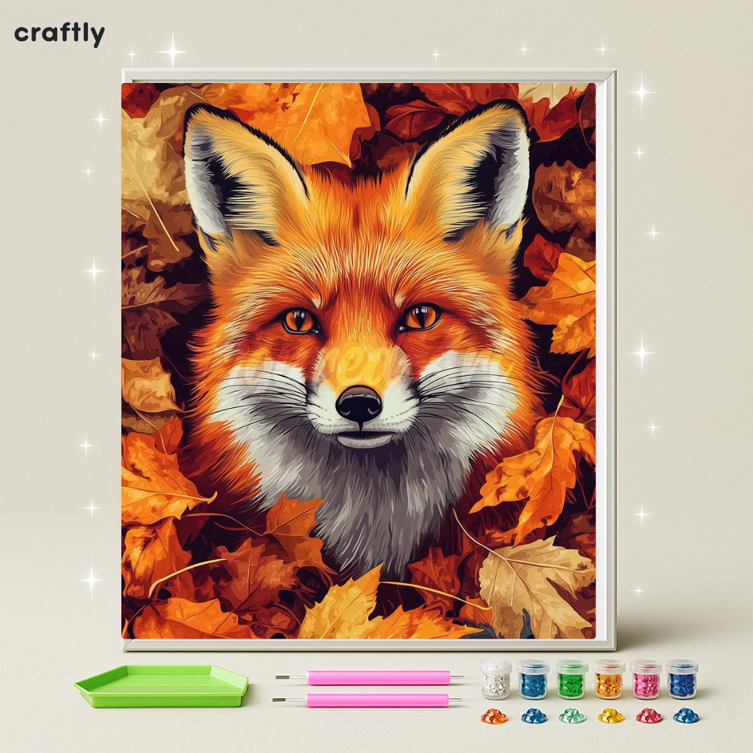 ציור יהלומים - שועל כתום בין עלי סתיו