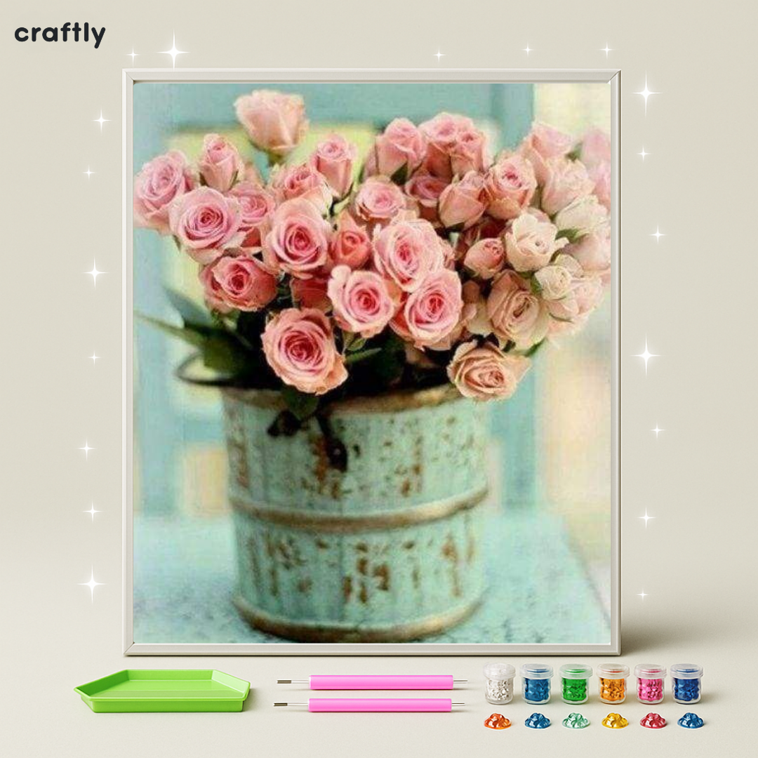 ציור יהלומים - ורדים בוורוד עדין בדלי תכלת