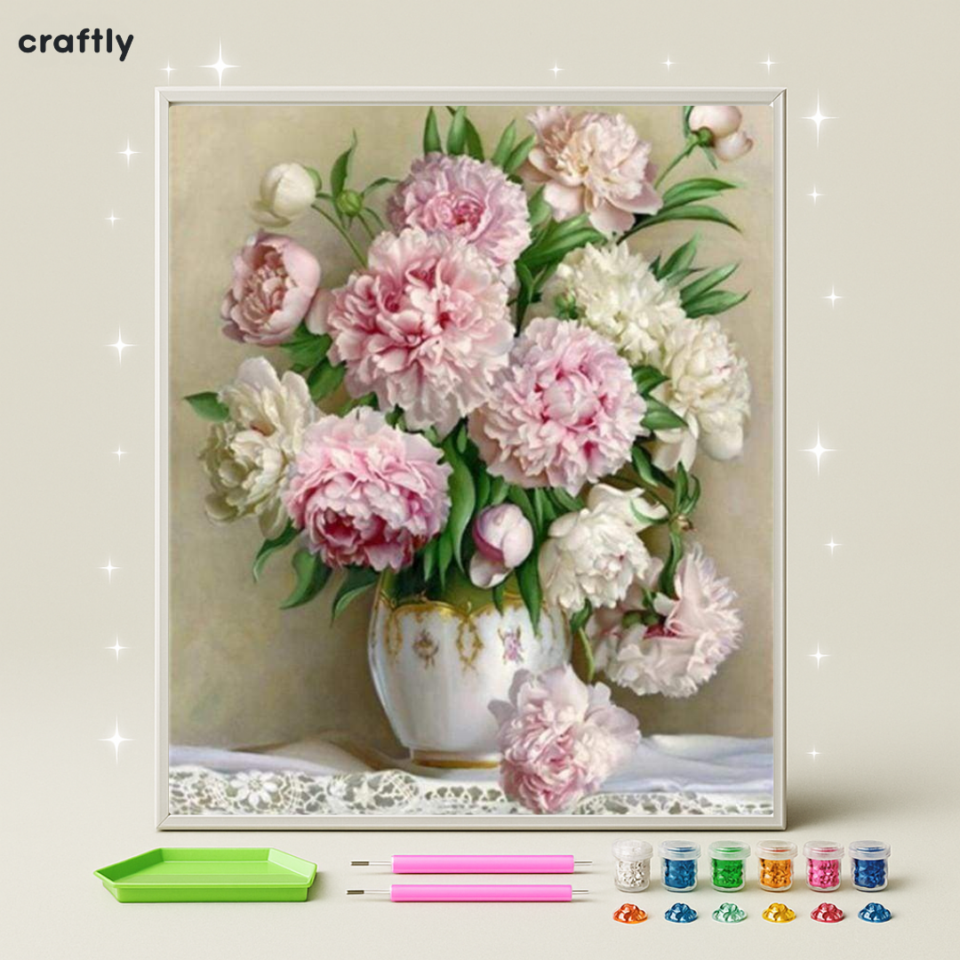 ציור יהלומים - פיון ורוד־לבן קלאסי