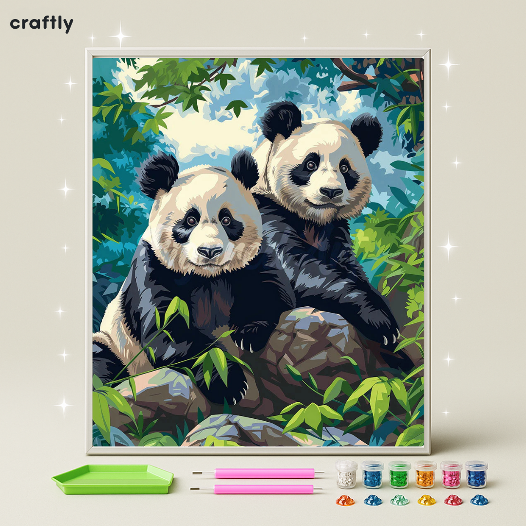 ציור יהלומים - זוג פנדות בטבע