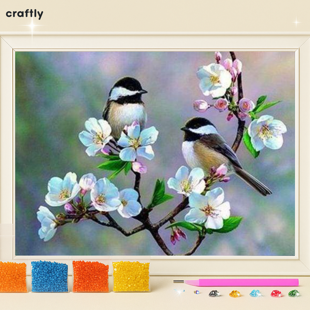 ציור יהלומים - זוג ציפורים על ענף פריחה