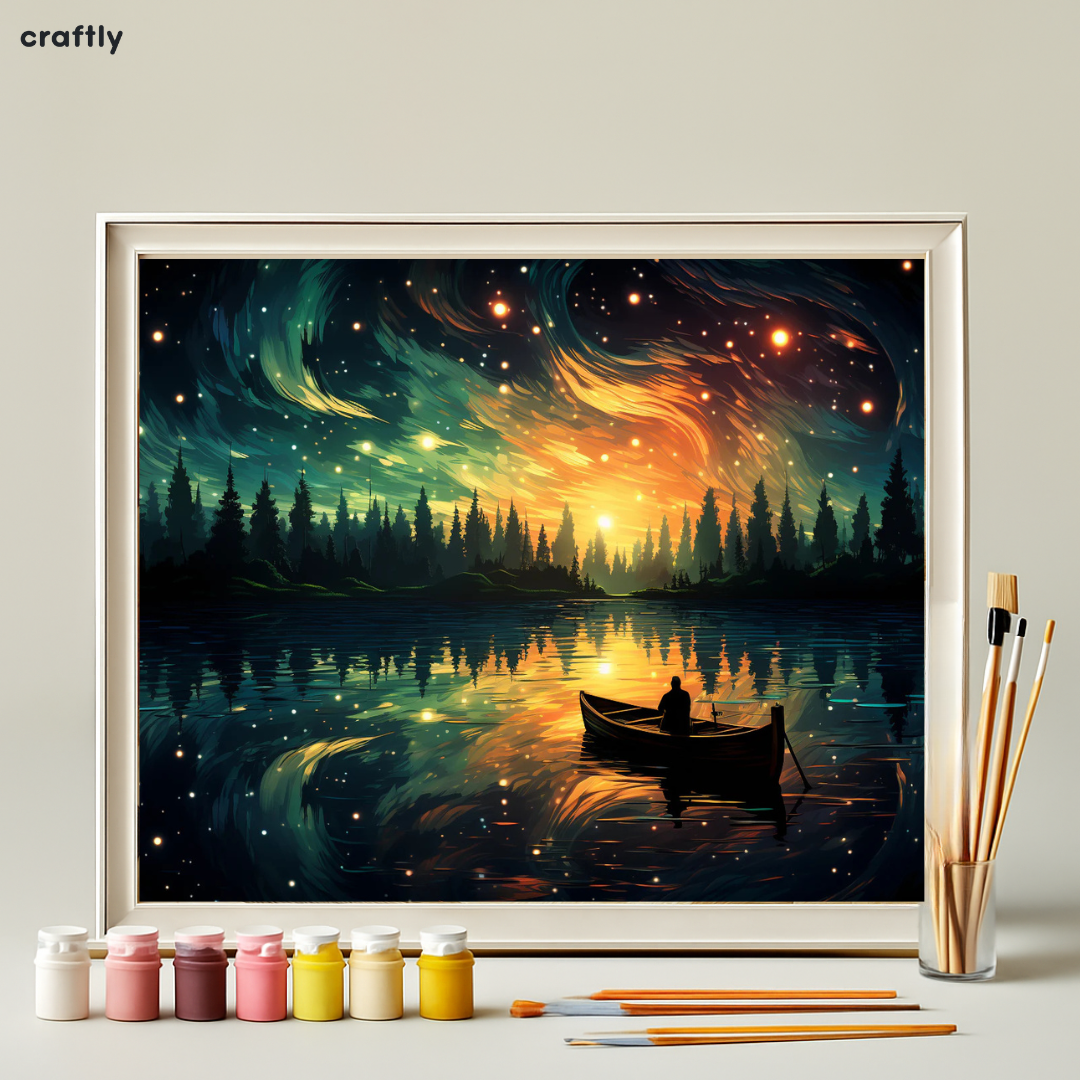 צביעה לפי מספרים - ציור סירה באגם תחת שמיים קסומים