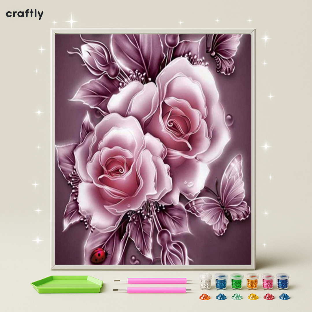 ציור יהלומים - ורדים ורודים עם פרפר