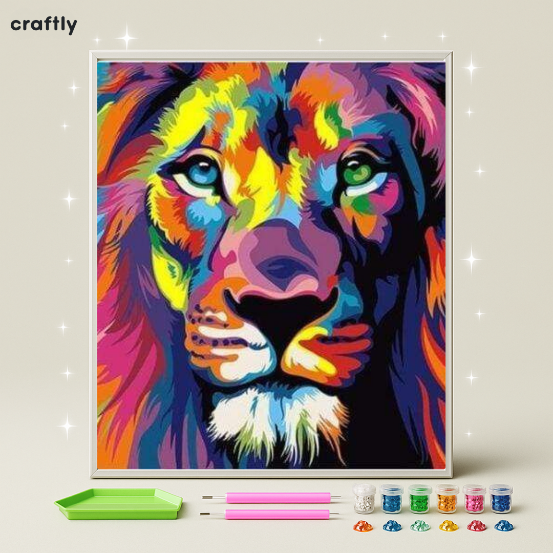 ציור יהלומים - אריה צבעוני עוצמתי