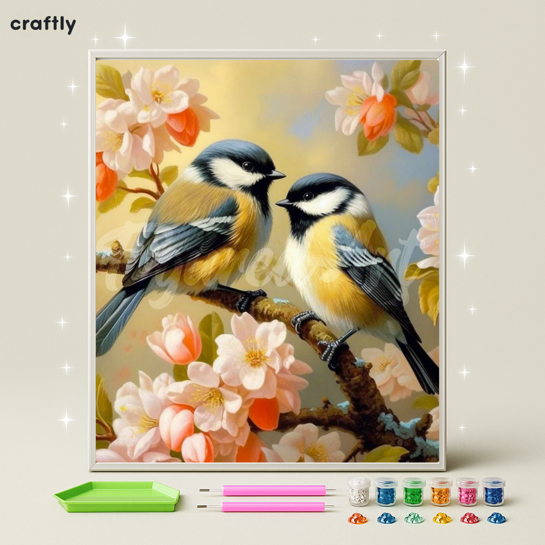 ציור יהלומים - זוג ציפורים בדים בפריחה