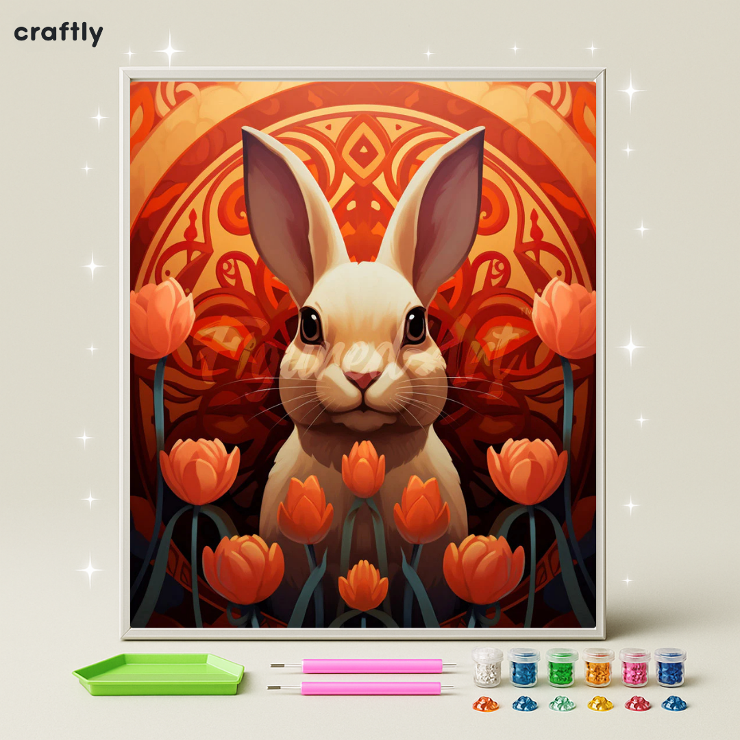 ציור יהלומים - ארנב קסום בשדה טוליפים