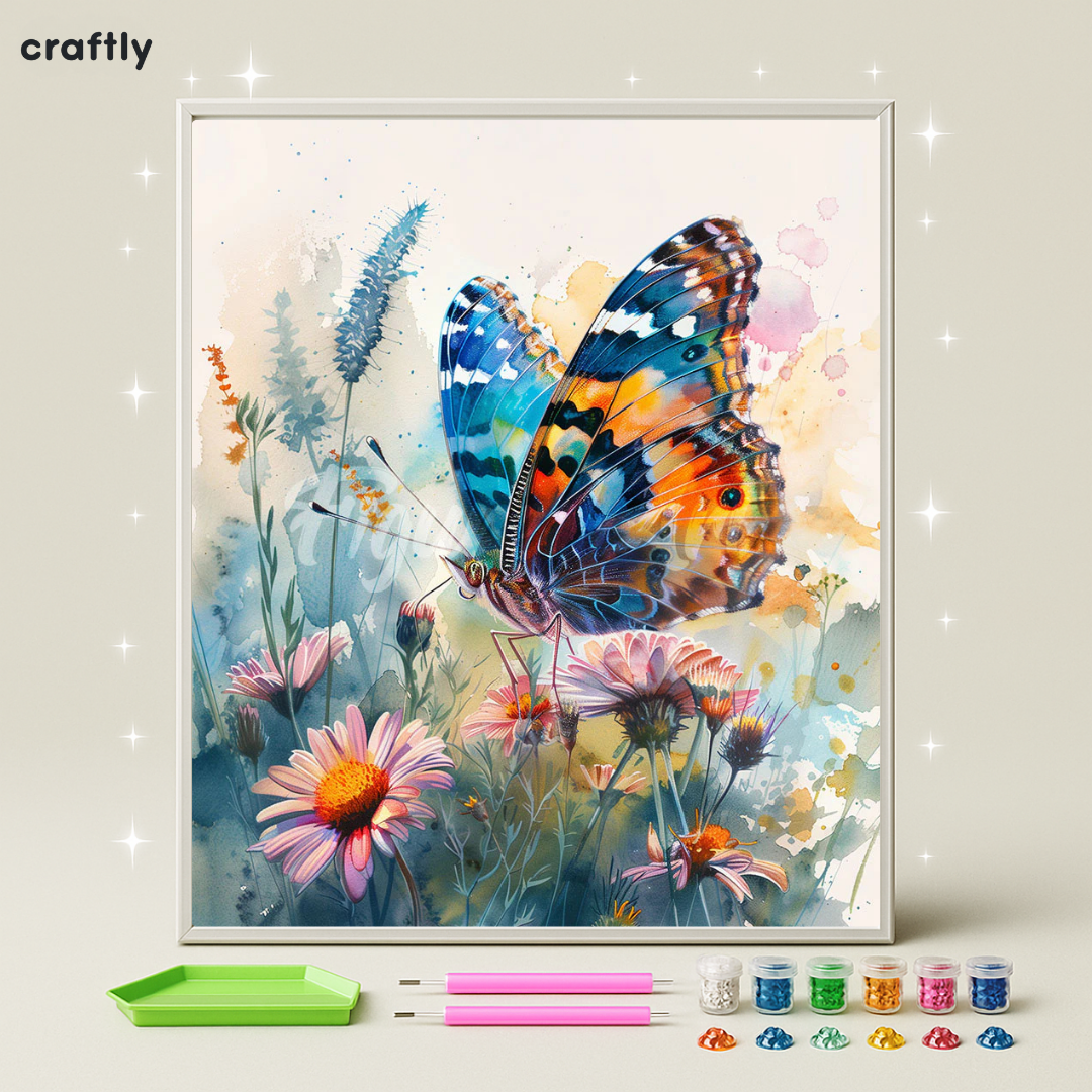 ציור יהלומים - פרפר צבעוני בשדה