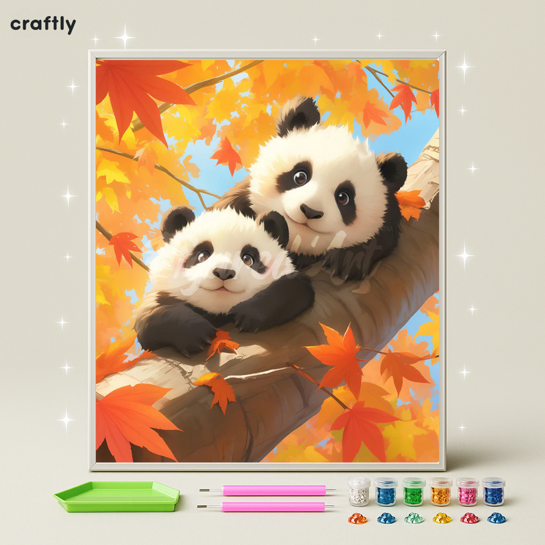 ציור יהלומים - פנדות בין עלי סתיו