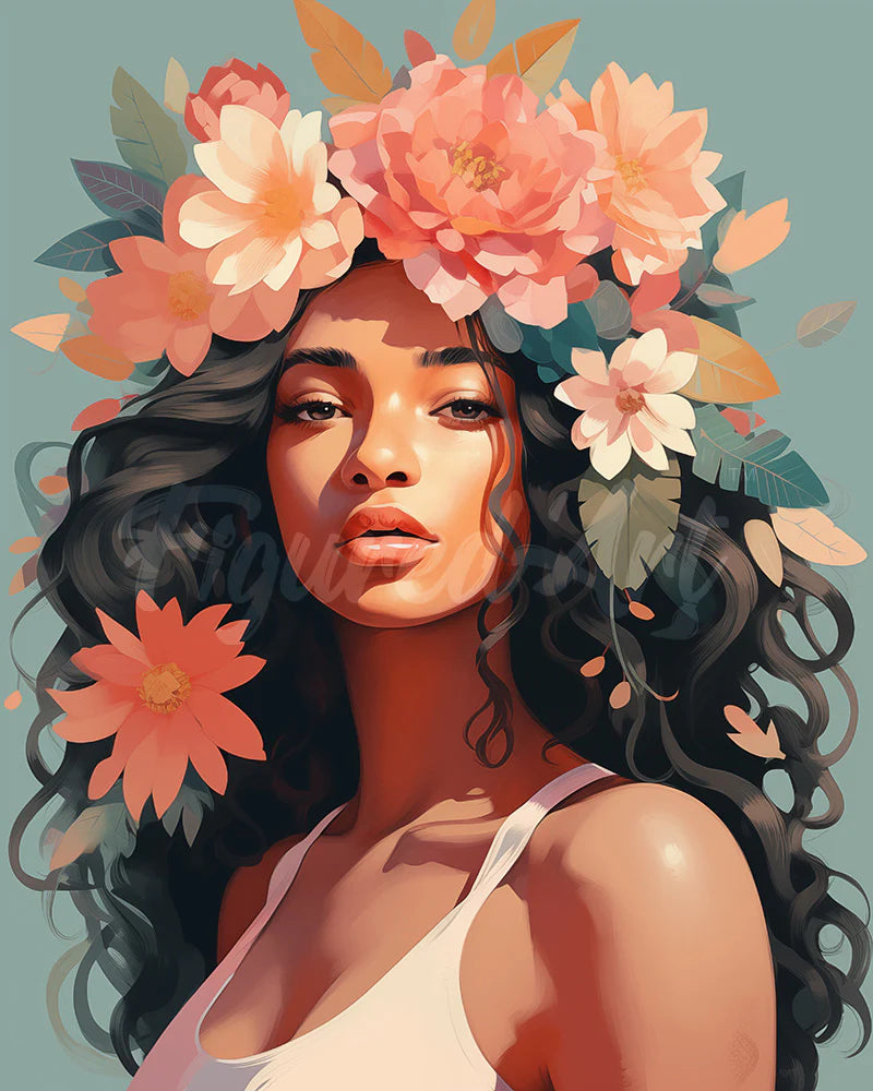 ציור יהלומים - אישה עם שיער מתולתל ופרחי אפרסק