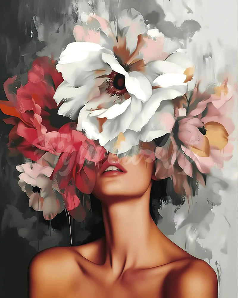ציור יהלומים -אישה עם פרחים לבנים-ורודים