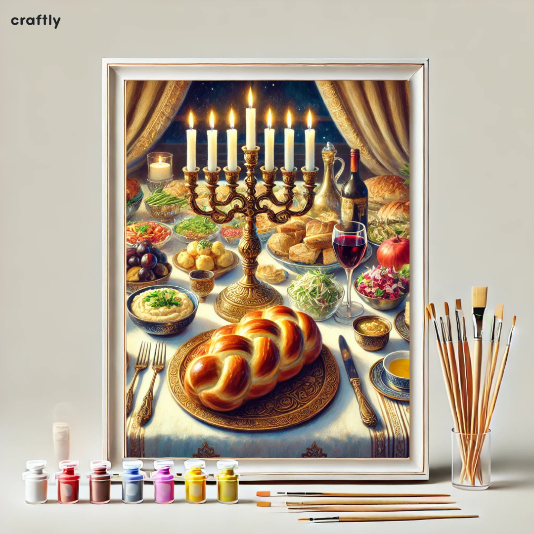 צביעה לפי מספרים - שולחן שבת עשיר עם סלטים ואוכל